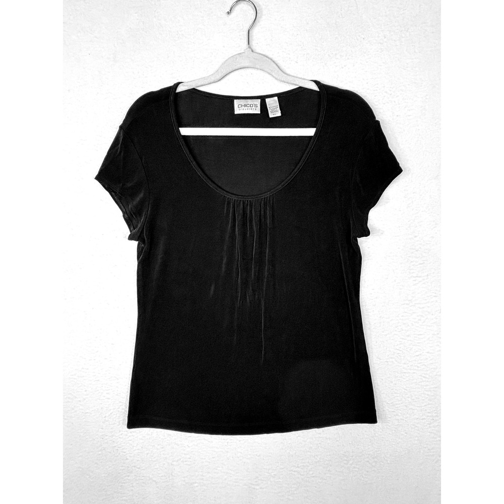 Chicos Travelers Black Scoop Neck Pleated Short Sleeve Top Size 1 Small Medium